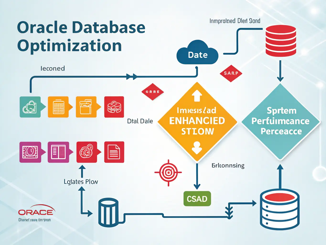A graphic representation of Oracle database optimization, showing improved data flow and system performance.