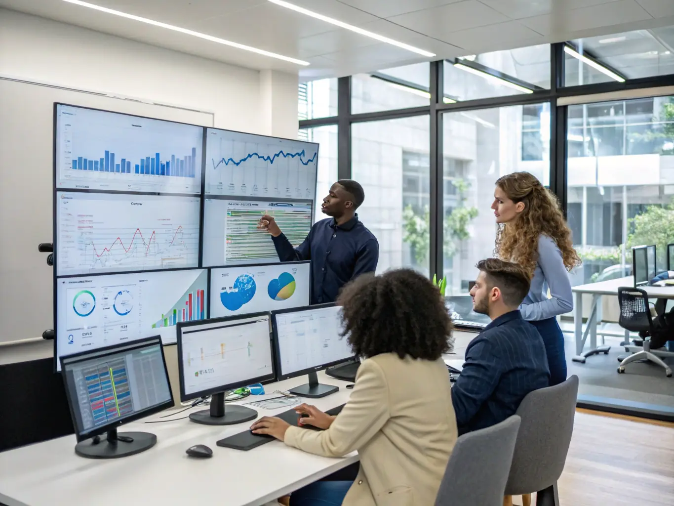 A professional shot of Samir presenting a data-driven analysis to a team in a modern office setting, emphasizing his expertise in data analytics within the FMCG sector.